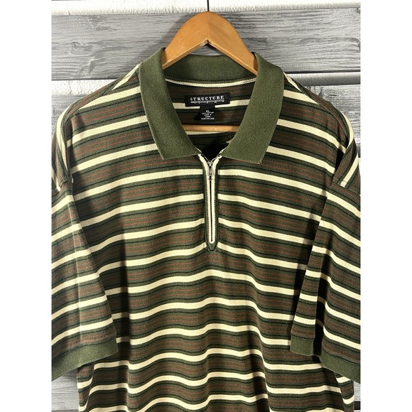 Vintage 90s Structure Shirt Mens XL Green Striped 1/4 Zip Short Sleeve - Picture 1 of 7